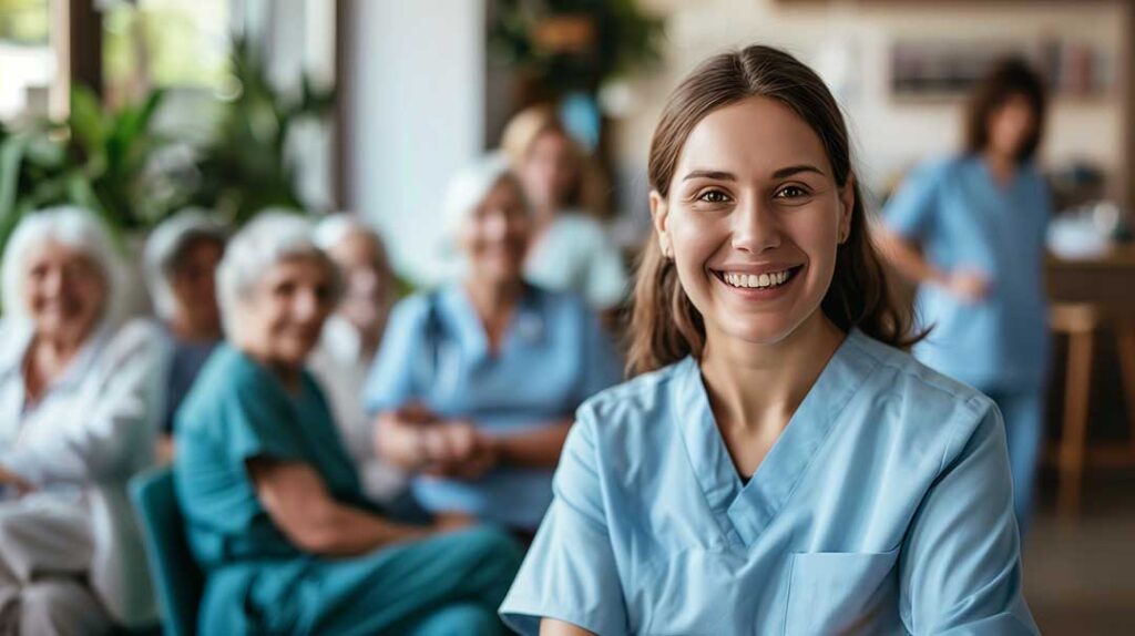 Elderly resident greeting guests in a bright assisted living common room, with staff nearby and welcoming atmosphere.